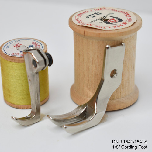 2 piece cording and piping presser foot for DNU-1541 and LU-1508 industrial walking foot machines, featuring a bottom groove to guide one-eighth inch cording, piping, or welting while sewing