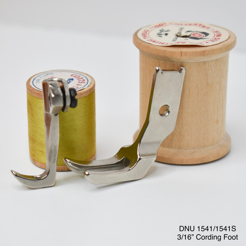 Two part three-sixteenth inch cording and piping presser foot for Juki DNU-1541 and LU-1508 industrial walking foot machines.