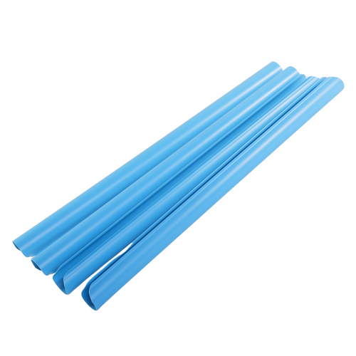 Set of four blue quilt clips for Juki longarm machines, designed to fit rails one and a half inches thick, used to float quilt layers over the rail and eliminate the need for pinning.