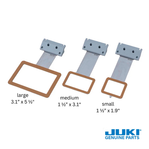 Set of three Juki magnetic embroidery frames for the Tajima Sai, including small, medium, and large sizes, designed for embroidering bags, pockets, and dimensional projects where traditional hooping is difficult.