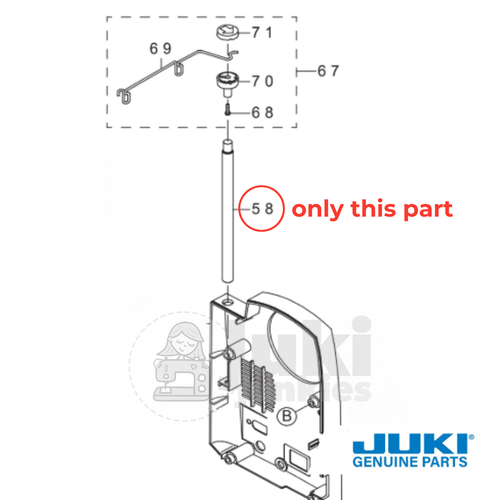Diagram showing the Juki TL retractable thread guide pole #40121615, illustrating how the rod attaches to the back base of the sewing machine for proper thread support.