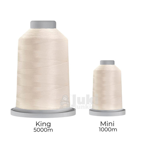 Close-up of two spools of Glide 40 weight polyester thread in Linen: a large King spool (5,500 yards) and a smaller Mini spool (1,100 yards), shown side by side for size comparison, with a smooth texture and noticeable sheen.