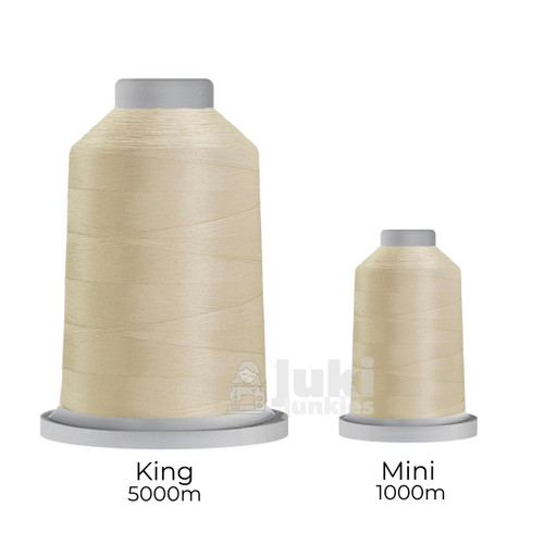 Close-up of two spools of Glide 40 weight polyester thread in Khaki: a large King spool (5,500 yards) and a smaller Mini spool (1,100 yards), shown side by side for size comparison, with a smooth texture and noticeable sheen.
