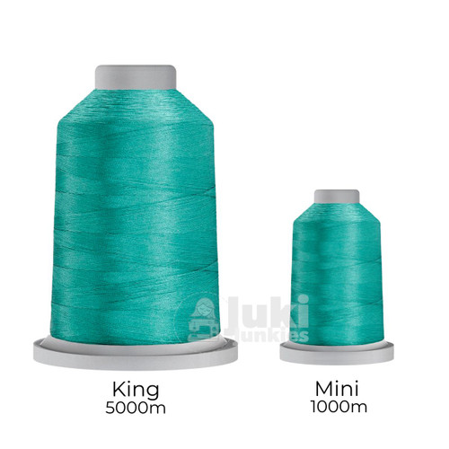 Close-up of two spools of Glide 40 weight polyester thread in Robin Egg: a large King spool (5,500 yards) and a smaller Mini spool (1,100 yards), shown side by side for size comparison, with a smooth texture and noticeable sheen.