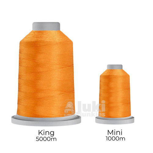Close-up of two spools of Glide 40 weight polyester thread in Pumpkin Seed: a large King spool (5,500 yards) and a smaller Mini spool (1,100 yards), shown side by side for size comparison, with a smooth texture and noticeable sheen.