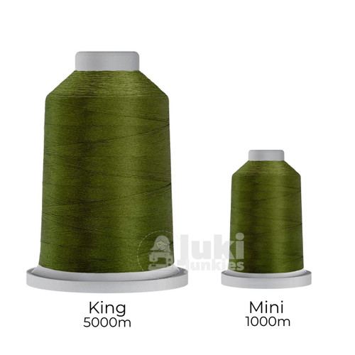 Close-up of two spools of Glide 40 weight polyester thread in Aloe: a large King spool (5,500 yards) and a smaller Mini spool (1,100 yards), shown side by side for size comparison, with a smooth texture and noticeable sheen.