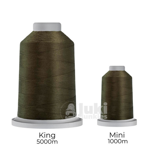 Close-up of two spools of Glide 40 weight polyester thread in Soldier Green: a large King spool (5,500 yards) and a smaller Mini spool (1,100 yards), shown side by side for size comparison, with a smooth texture and noticeable sheen.