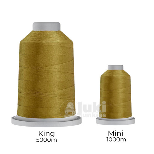Close-up of two spools of Glide 40 weight polyester thread in Prickly Pear: a large King spool (5,500 yards) and a smaller Mini spool (1,100 yards), shown side by side for size comparison, with a smooth texture and noticeable sheen.