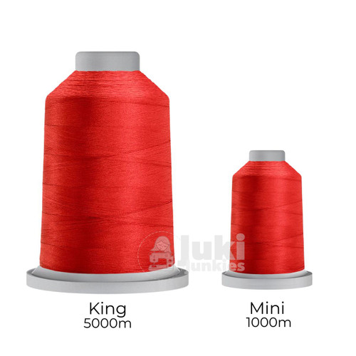 Close-up of two spools of Glide 40 weight polyester thread in Cherry: a large King spool (5,500 yards) and a smaller Mini spool (1,100 yards), shown side by side for size comparison, with a smooth texture and noticeable sheen.