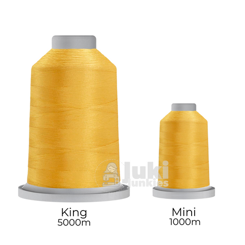 Close-up of two spools of Glide 40 weight polyester thread in Cornflower: a large King spool (5,500 yards) and a smaller Mini spool (1,100 yards), shown side by side for size comparison, with a smooth texture and noticeable sheen.