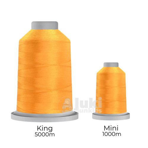 Close-up of two spools of Glide 40 weight polyester thread in Tangerine: a large King spool (5,500 yards) and a smaller Mini spool (1,100 yards), shown side by side for size comparison, with a smooth texture and noticeable sheen.