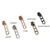 Close up of zipper pulls with three heart cutouts in gold, nickel, rose, antique, and gunmetal