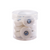 Clear plastic jar containing 10 Magna-Soft 50 weight polyester bobbins, size M, in Linen, each with 118 yards of thread.