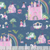 8 inch by 8 inch of fabric with princesses, castles, animals, and a dark blue background