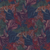 Close up of fabric with a dark color scheme of purple, green, navy, and red moving in a flowing pattern with light colored accents