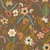 Close up of fabric with various flowers and accents of metallic details, and green leaves on a dark green background 
