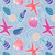 Close up of fabric with starfish, seashells, and sand dollars. Also has a blue background with white speckles