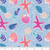 7inch by 7inch of fabric with starfish, seashells, and sand dollars. Also has a blue background with white speckles