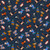 Close up of fabric with a variety of dogs in silly halloween costumes on a dark blue background with a bone pattern