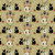 Close up of fabric with black cats, white skulls, ghosts, spiders, bats, frogs, eyeballs, and pumpkins on a light olive colored background