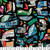 12inch by 12inch of fabric with a variety of colorful birds and leaves on a black background