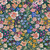 Close up  of fabric with green leaves and a variety of multi-colored flowers on a dark green background