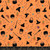 7inch by 7inch  of fabric with witch hats, trick-or-treat baskets, brooms, stars, butterflies, and mushrooms on an orange background