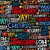 A close up of fabric with a variety of colorful celebratory words on a black background