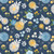 Close up of fabric with various types of flowers in blue, white, and yellow on a navy blue background