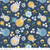 12inch by 12inch  of fabric with various types of flowers in blue, white, and yellow on a navy blue background