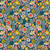 Close up of fabric with various types of flowers and leaves in coral, light blue, yellow, purple, and light pink on a navy blue background