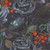 Close up of fabric with dark florals, leaves, and vibrant orange flower buds on. a dark navy background