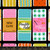 7inch by 7inch of fabric with rectangles that have sewing-related text such as "SEW CUTE", "Double Fold", "Daisy Chain" on a black background.
