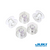 Close up of five clear size class 15/a bobbins for sewing machines