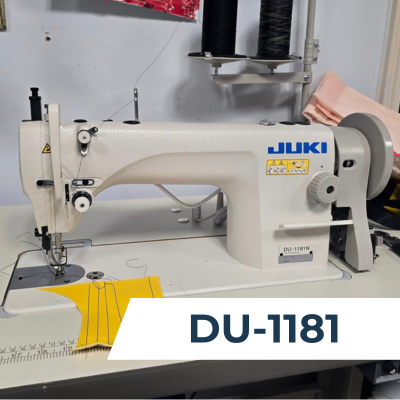 A Juki DU-1181N sewing machine stitching test lines on yellow scrap fabric.