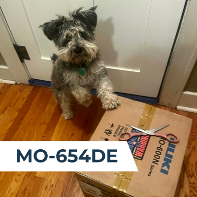 A schnauzer with its front paw resting on a newly delivered Juki MO-654DE sewing machine box.