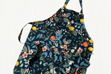 Colorful citrus and flower print apron made with the Juki TL-18QVP