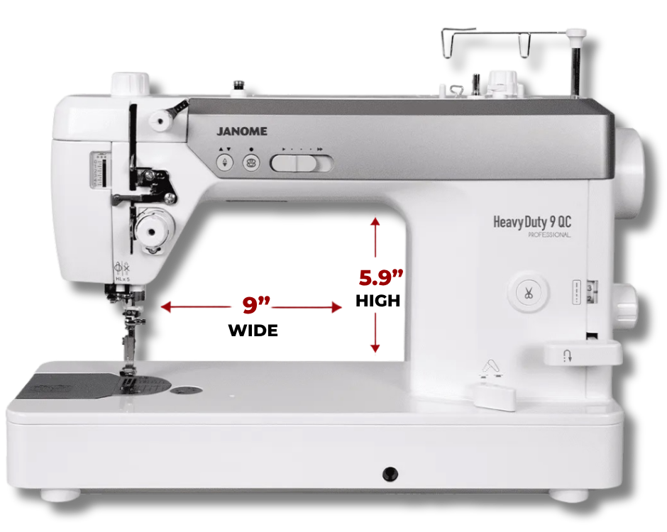 Janome HD9 QCP side view with dimension arrows labeled 9 inches wide by 5.9 inches high throat space.
