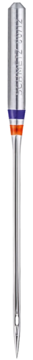 A sewing machine needle labeled from top to bottom: shank, shaft, point, and eye.
