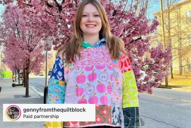 Apparel project featuring a colorblock shirt sewn with the Juki TL-18QVP