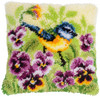 Blue Tit on Pansies Latch Hook Cushion Kit by Vervaco