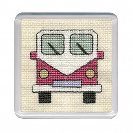 Pink Camper Van Coaster Cross Stitch kit by Textile Heritage