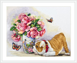 Bulldog and Butterflies Cross Stitch Kit By Merejka