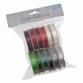  Satin Ribbon Bag: 2m x 10mm: Festive Mix: 12 Pieces
