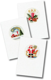 Set of 3 Christmas Cards Santa, Candle and Cottage Cross Stitch Kits by Pako