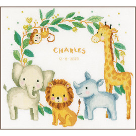 Jungle Animals Birth Sampler Cross Stitch Kit by Vervaco