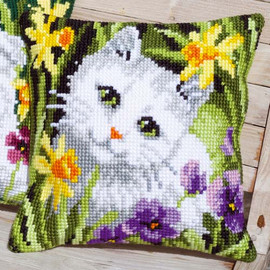 White Cat in Daffodils Chunky Cross Stitch Kit by Vervaco