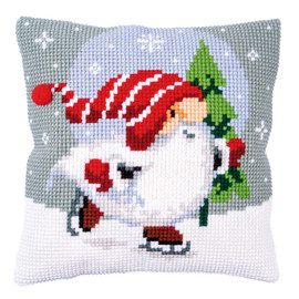 Christmas Gnome on Ice Printed Cross Stitch Cushion Kit by Vervaco