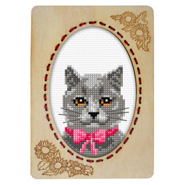 British Blue Cat Counted Cross Stitch Kit by Plywood Frame by Orchidea