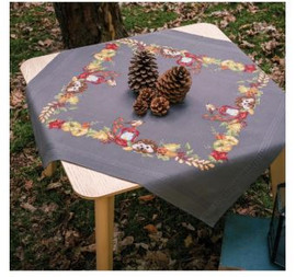 Hedgehog and Robin Tablecloth Printed Cross Stitch Kit By Vervaco